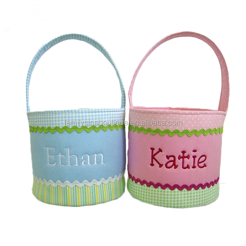 Wholesale Embroidered Cotton Gingham Monogram Easter Basket For Kids