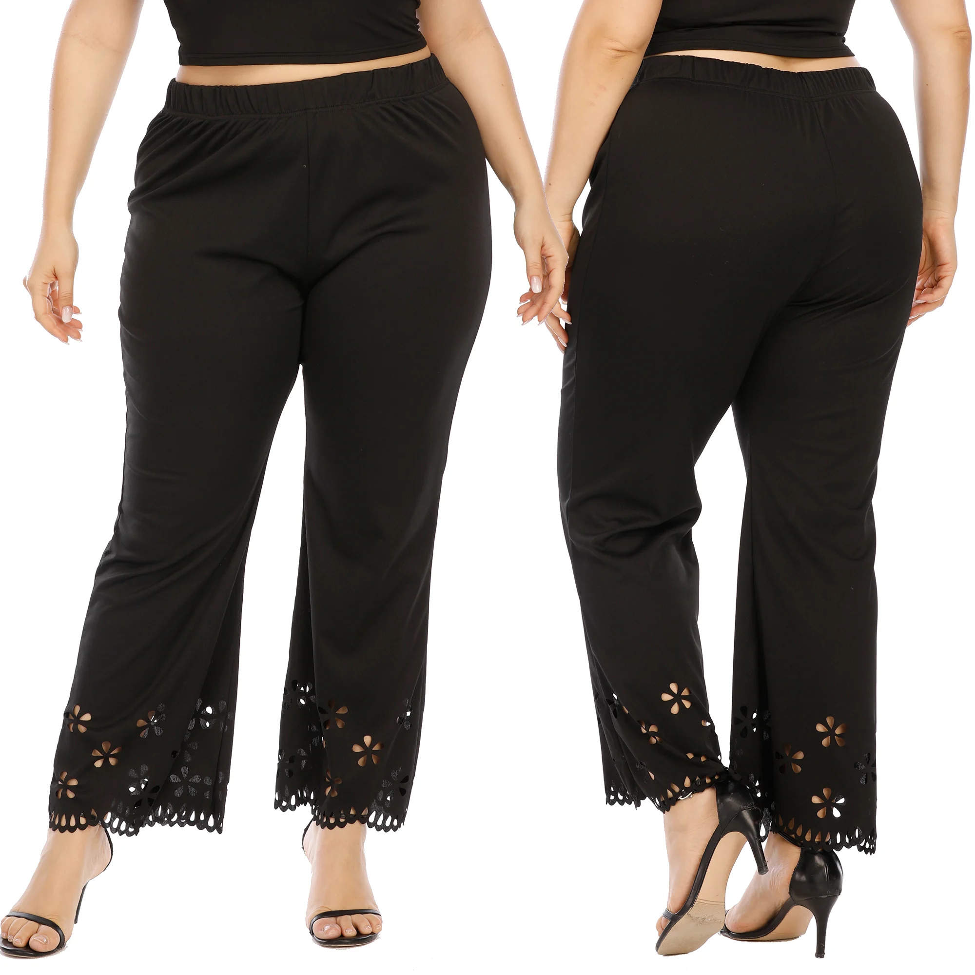 

2021 High Quality Black Women's Slim Casual Trousers Elastic Waist Hollow Pattern Ladies Plus Size Flare Pants, Picture color