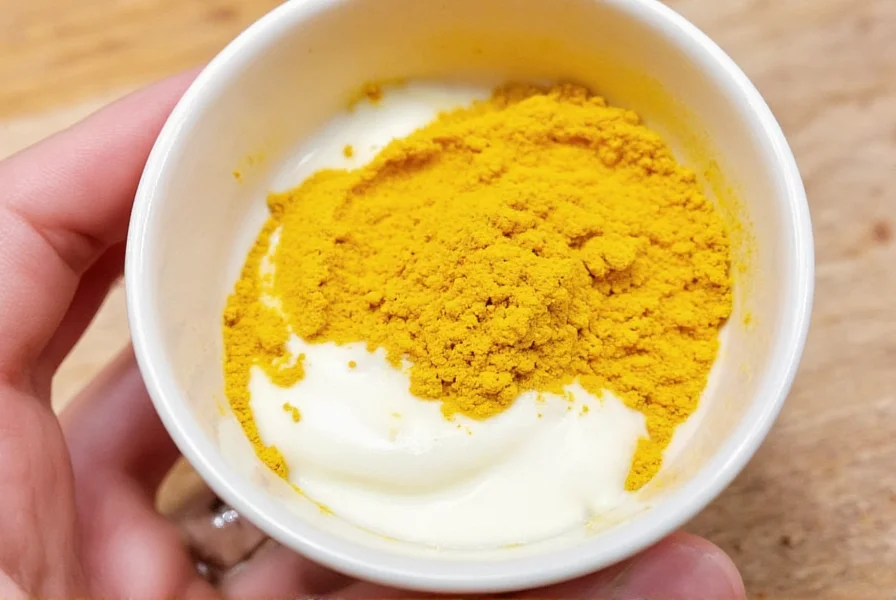 Turmeric face mask preparation showing golden powder mixed with yogurt in a small bowl