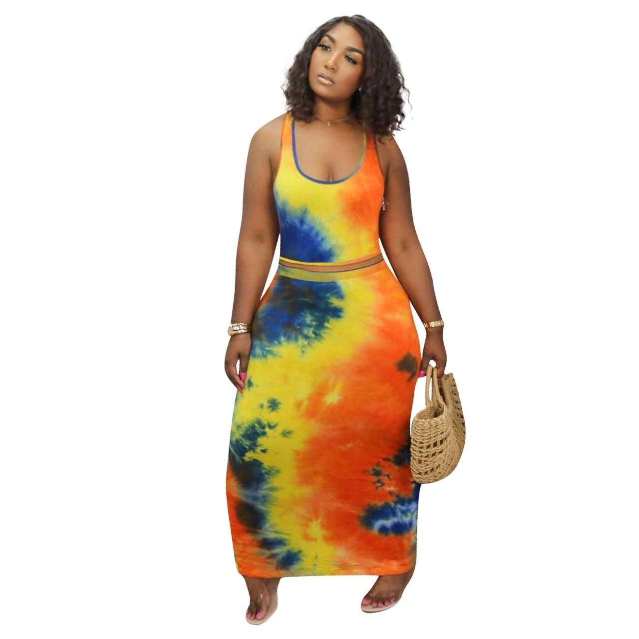 

S-4XL Summer hot sale cheap plus size slim fit 2 piece tie dye crop tank top and dress skirt set women