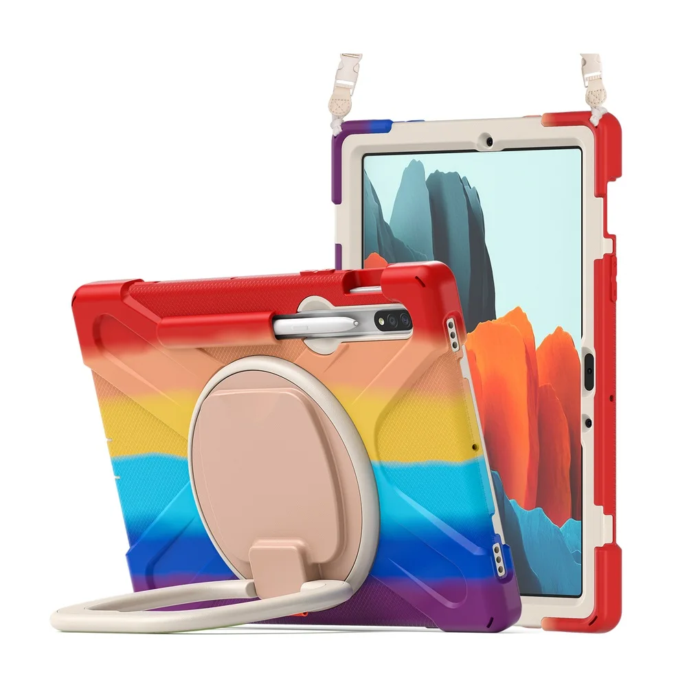 

Heave Duty Shockproof Case For Samsung Galaxy Tab S7 T870 T875 T878 Rainbow Shoulder Strap Stand Kids Tablet Cover