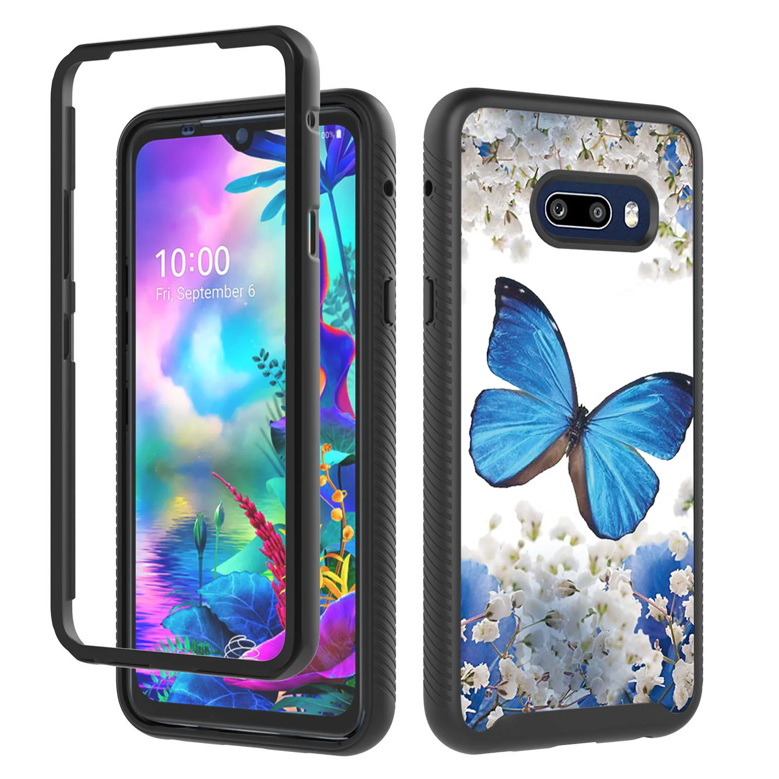 

For LG V50s G8x ThinQ New Arrival Blue butterfly 360 Full Body Slim Armor Case Rugged Clear Back Shell Protector Cover, Black colors
