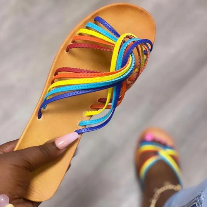 

Mixed Color Women's Flats Slippers Outside Rainbow Flip Flops for Ladies Low Price Fashion Shoes Flat Sole Open Toe Women Shoes