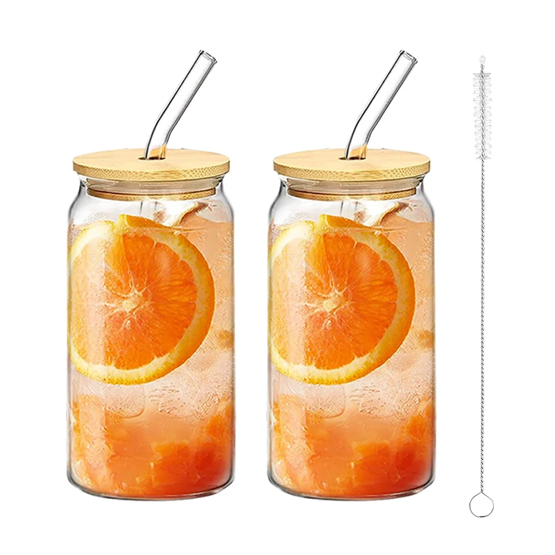 

16oz High Borosilicate Tumbler Cup Can Shaped Beer Glass Drinking Glasses with Bamboo Lid and Glass Straw