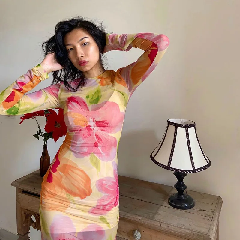 

Free Shipping R05162 - Fashion Fit Mesh Printed Long Sleeve Sexy Dress Women