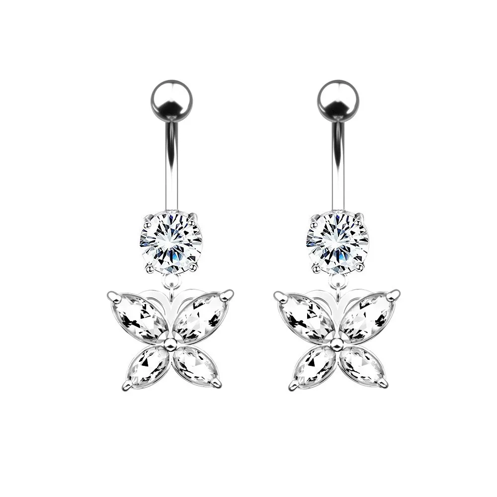 

Women Sexy Body Jewelry 316l Surgical Steel Navel Rings Piercing Clear Crystal Butterfly Belly Button Ring, Silver