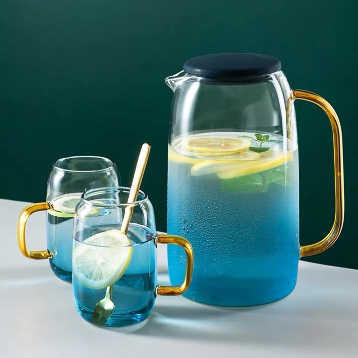 

1550ml Borosilicate Glassware Drinking Pitcher Jug with Silicone Lid and Glass Handle with Cups