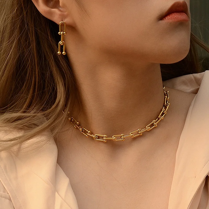 

2021 new Wild chocker Big Luxury Chunky U Chain Links Stainless steel jewelry set