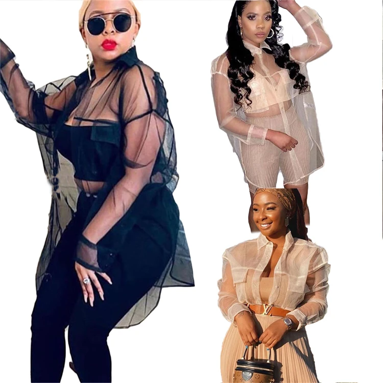 

DUODUOCOLOR Leisure solid color loose long sleeve transparent gauze fashion outfits tops for ladies sexy shirts 2021 D97824