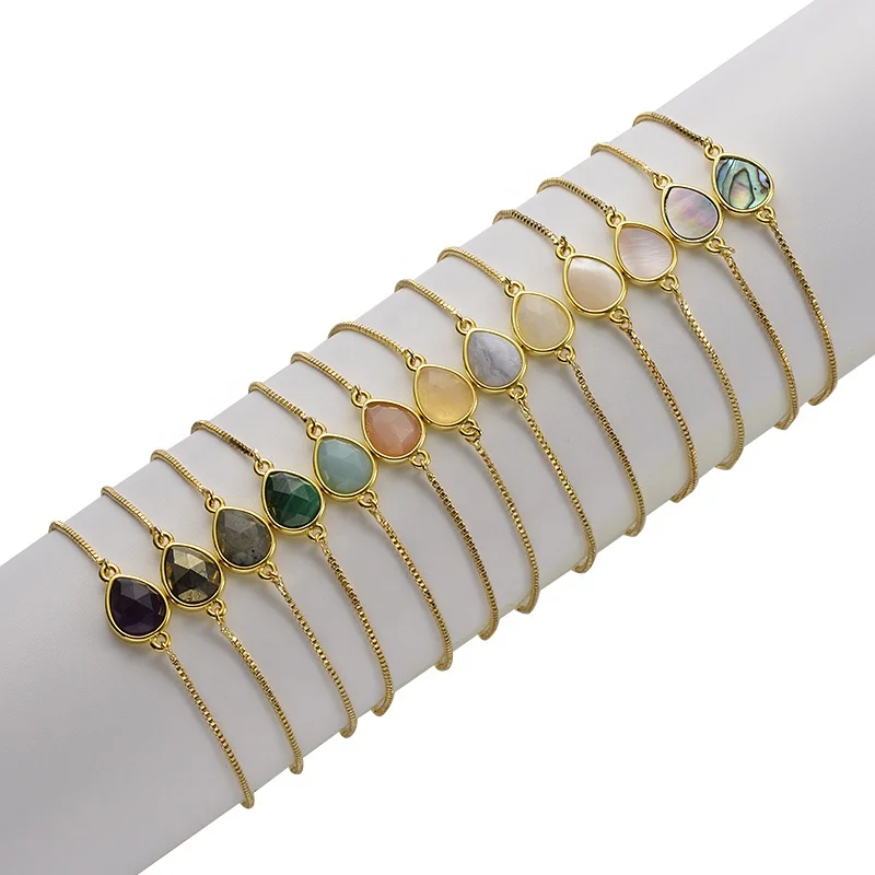 

Fashion Adjustable 18K Gold Plated brass Chain natural gemstone Faceted Labradorite teardrop Charm Bracelet