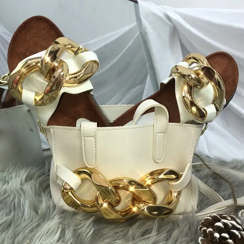 

Summer Luxury Slippers for Lady Big Metal Chain Women Slides Shoes With Bag Sets Purse Street Fashion Size 10, Black,white,brown