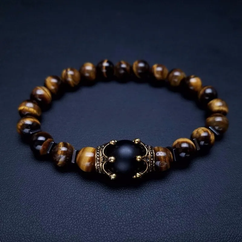 

Charm Bracelet for Men Fashion Luxury Antique crown High quality Tiger eye stone bead Bracelets Jewelry Male Pulseira bileklik