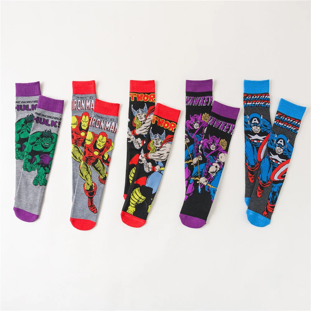 

Promotional Men Comic Characters Superhero Jacquard Cartoon Socks Cotton Students Purple Grey Skateboard Socks, Picture shown