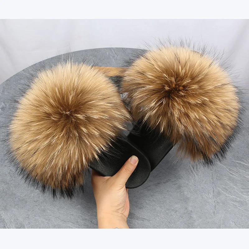 

Wholesale fluffy slides women real fox fur slippers