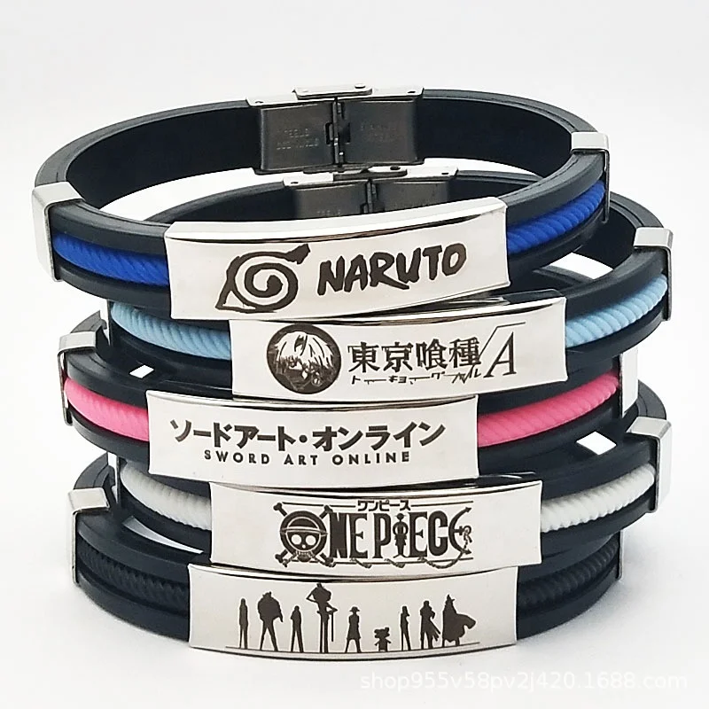 

Anime Sword Art Online Naruto One Piece Tokyo Ghoul Bracelet for Men Stainless Steel Silicone Bracelet Punk Style Braclet Mens, Picture shows