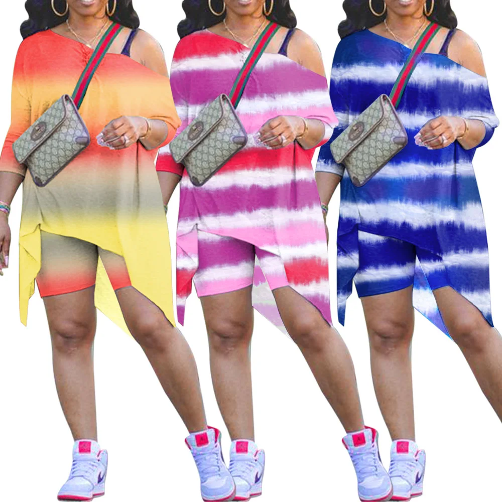 

Hot style casual tye dye two-piece suit set sloping shoulder irregular print two piece pants set plus size women clothing, 3 different color