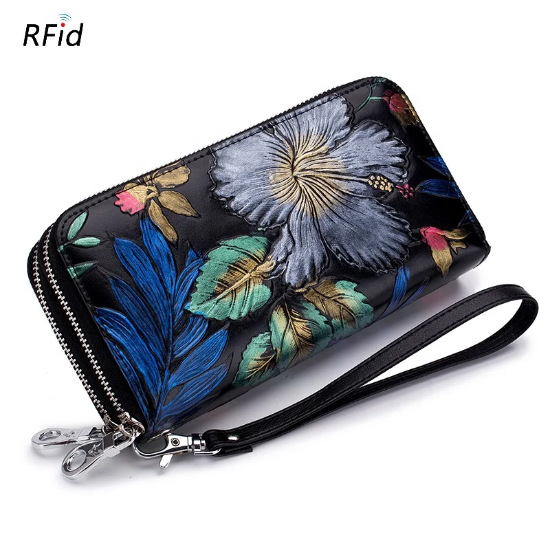 

High grade latest stylish women wallet with wrist strap double zipper genuine leather ladies purse large capacity, 4 colors