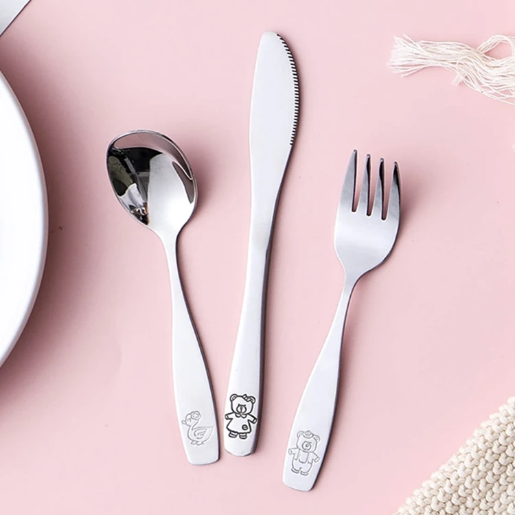 

Fancy animal design home used stainless steel 3 pcs baby spoon knife and fork kids cutlery set