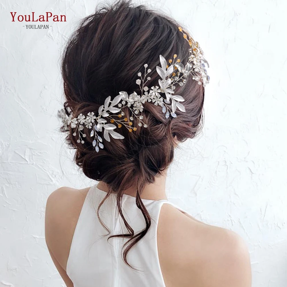 

YouLaPan HP278 Golden Alloy Leaves And Crystal Rhinestone Wedding Tiara Headband, Suitable For Bridal Hair Accessories, Gold/silver