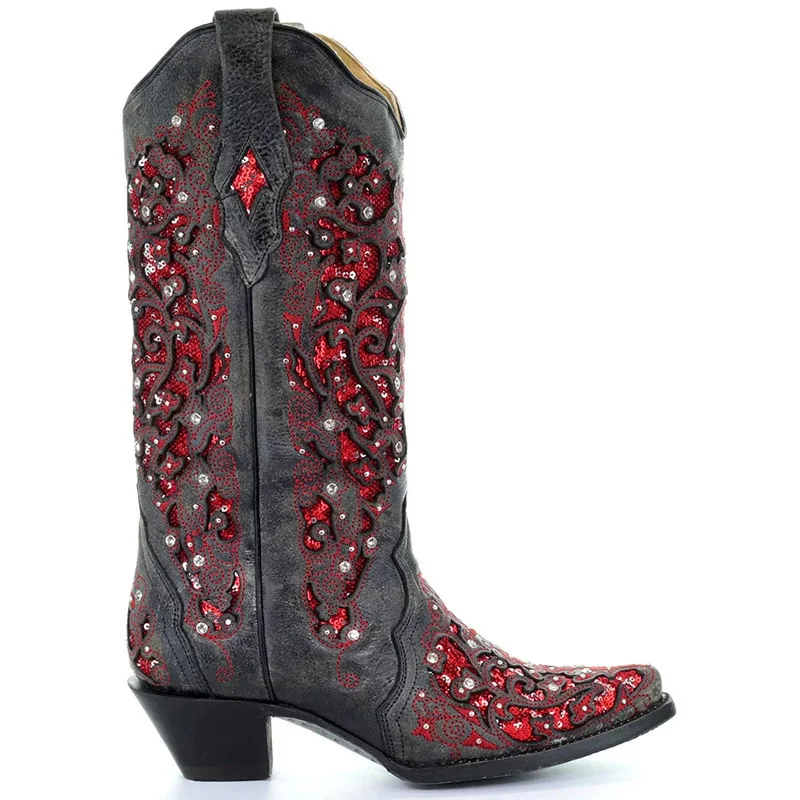 

2021 Laser new Western Cowgirl National Chunky heels rhinestone fashion boots for women