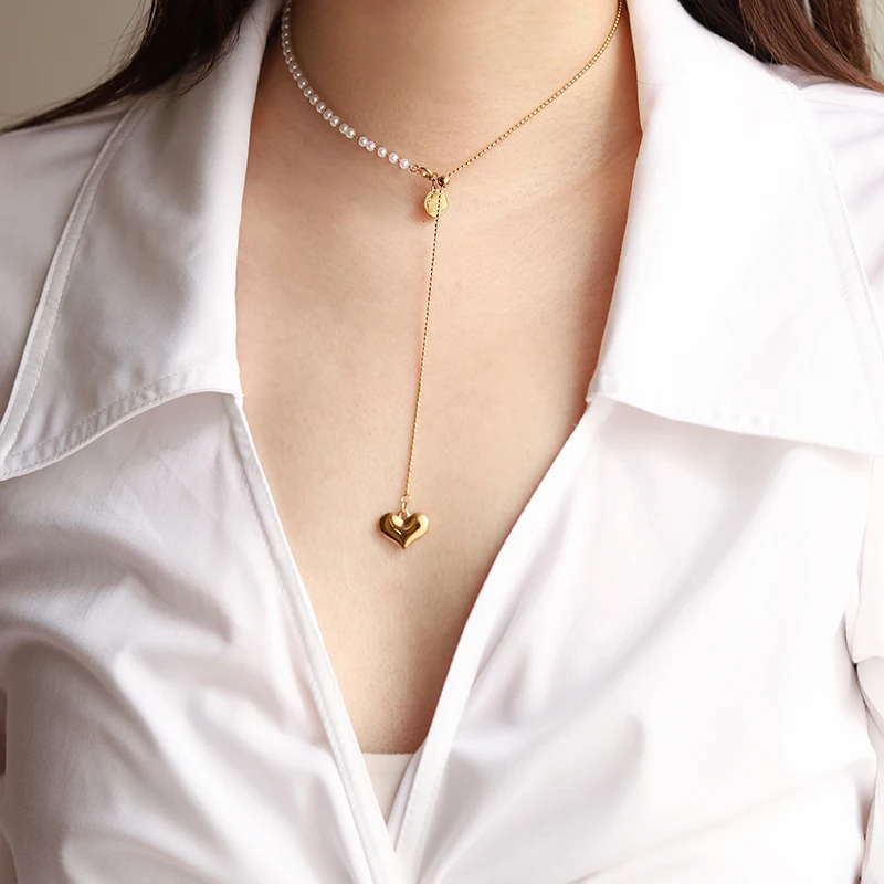 

New Design Adjustable Women's Jewelry Stainless Steel Jewelry Heart Charm Pearl Necklace Adjustable Necklace, As picture