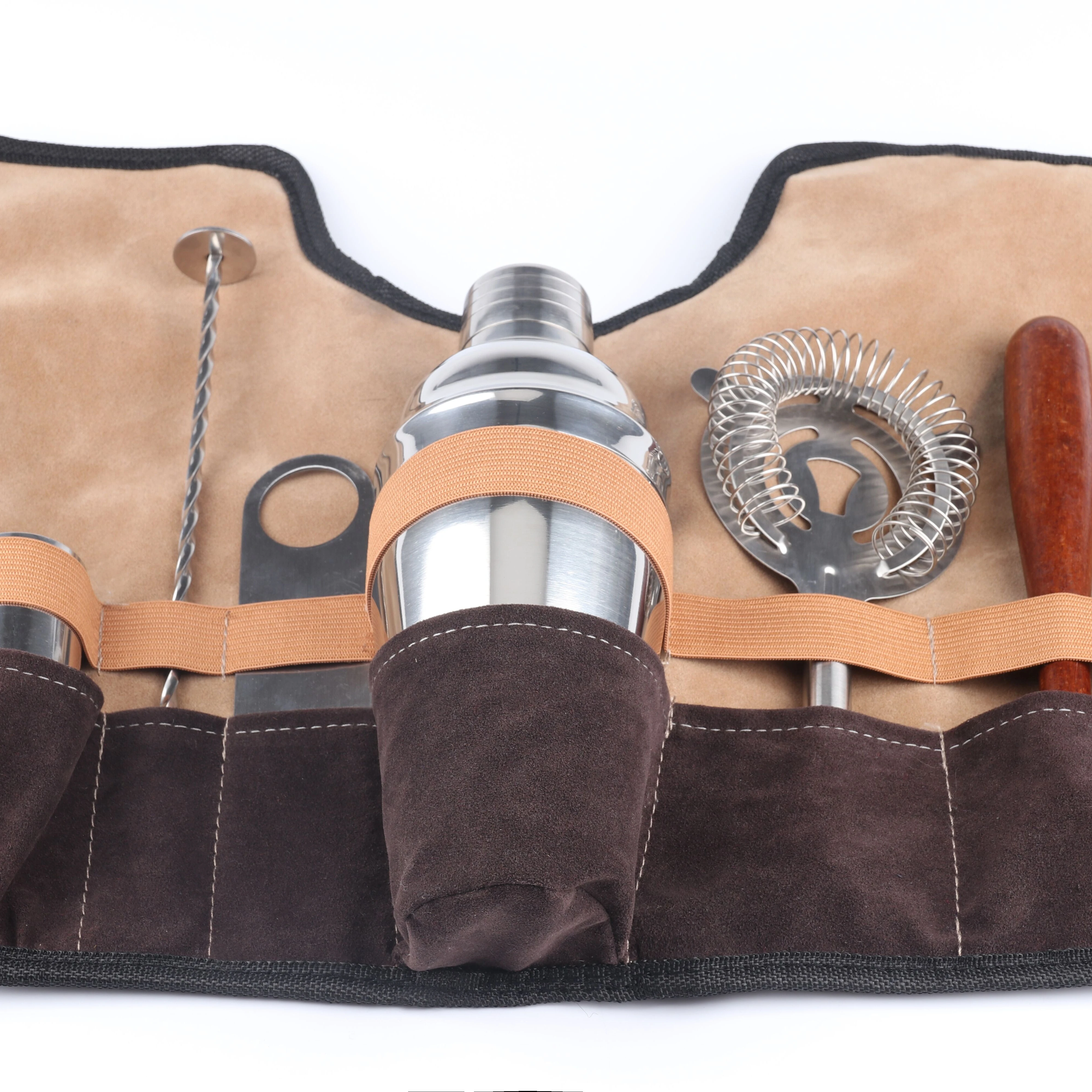 

Factory direct 6-piece stainless steel cocktail shaker set with brown cloth bag bartender kit bar supplies