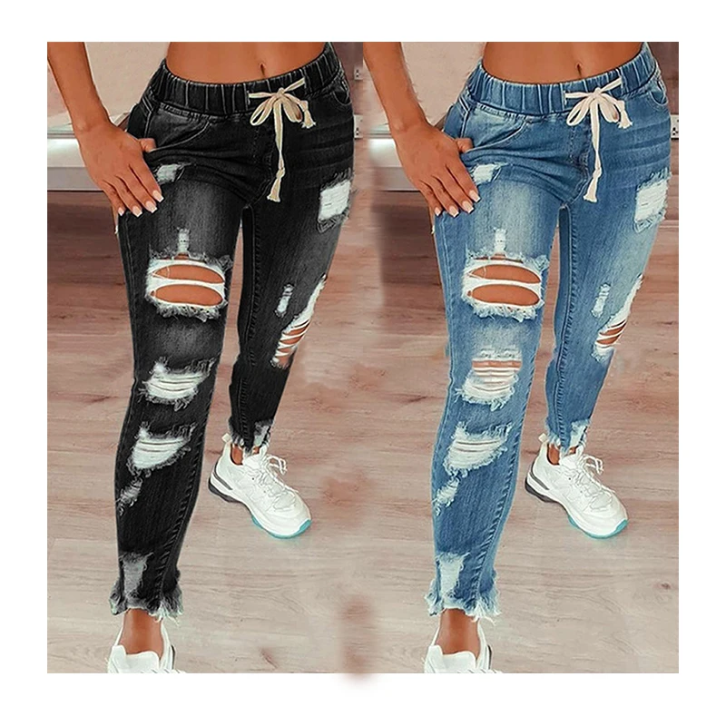 

High Quality Plus Size Casual Bottoms for Women Patchwork Zip Button Hole Pockets Kelce Destroyed Boyfriend Denim Jeans