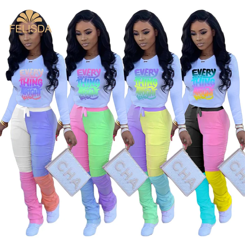 

Letter Print T shirts Tops Patchwork Stracked Pants Jogger Sweatpant Suit Two Piece Set Sport Tracksuits for Women