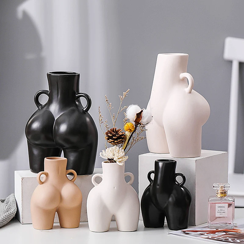 

New Design Nordic Black White Minimalist ceramic female body art flower vase for dinning room decoration