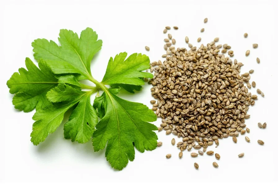 Close-up comparison of fresh cilantro leaves next to dried coriander seeds showing the visual difference between the two parts of the same plant