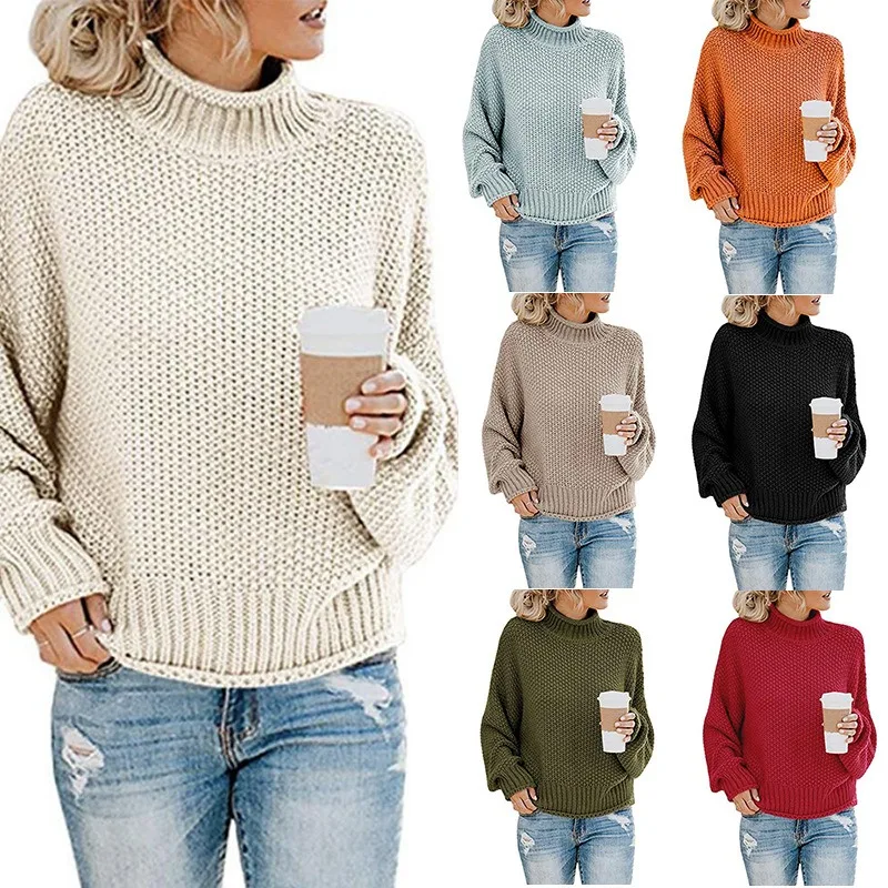 

Wholesale crochet loose sweater solid color long sleeve loose fall knitted pullover turtleneck sweater women