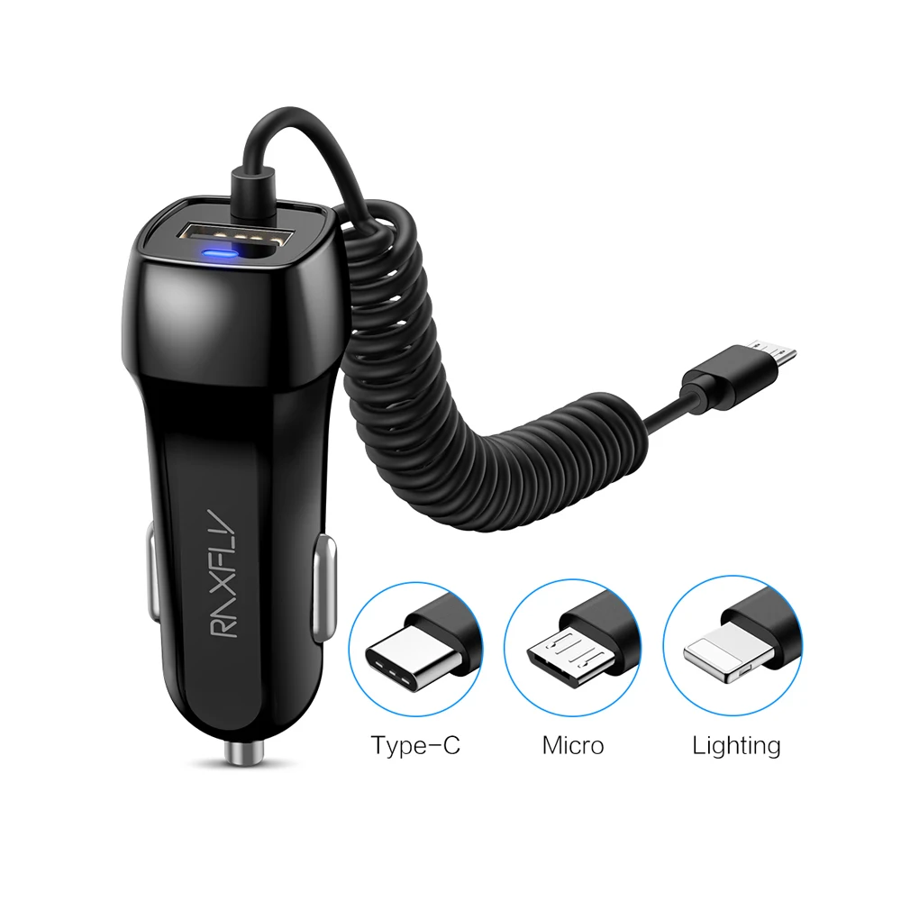 

Free Shipping 1 Sample OK RAXFLY Mobile Phone Usb Car Charger For Lighting Micro Usb Type C Quick Charge With USB Cable