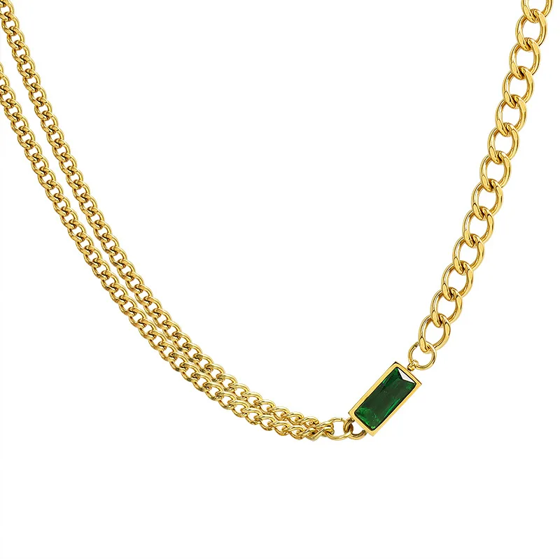 

Joolim Jewelry High End 18k Gold Plated Double-layer Black & Green Zirconia Pendant Necklace Stainless Steel Jewelry Wholesale