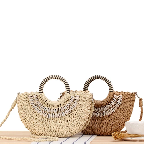 

Paper Weave Semicircle Women Beach Bag Shell Decorate Classic Summer Shoulder Beach Bag With Handle, Mix (as picture)