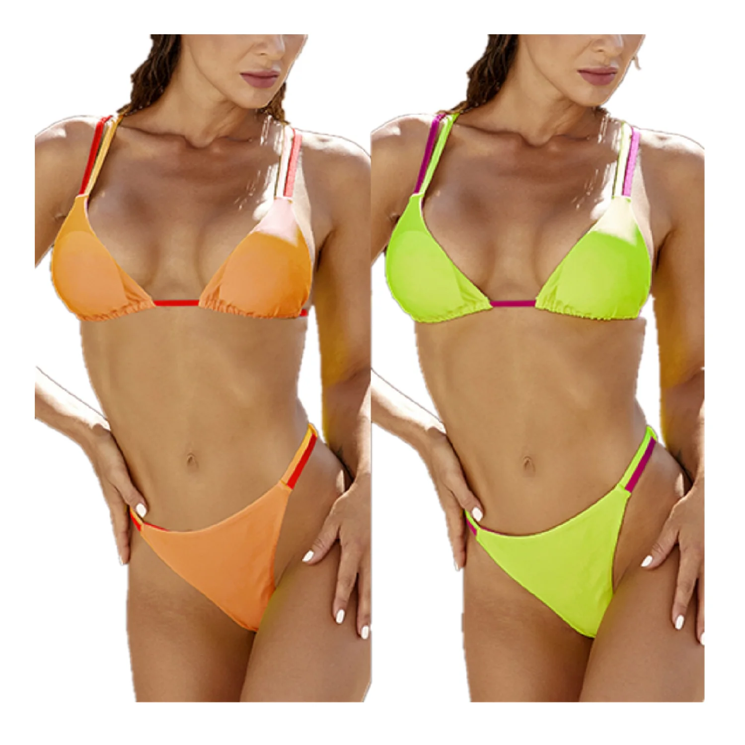 

Color Patchwork Sexy Women Open Photo Bikini School Girl Double Strap Bathing Suit Multi Colotblock Swimsuit, As pictures/customized colors