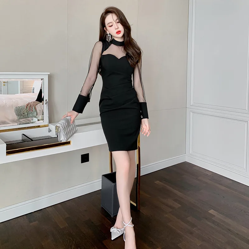 

ZYHT 9376 OEM ODM Supported Korean Style Shift Mesh Transparent Black Women Ladies Dress