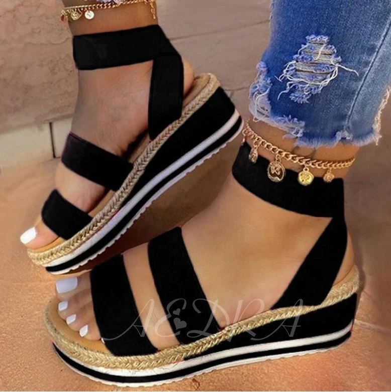 

Wedge Heel Ankle Strap Pumps Open Toe Elastic Band Women Platform Plain Sandals, Red green black