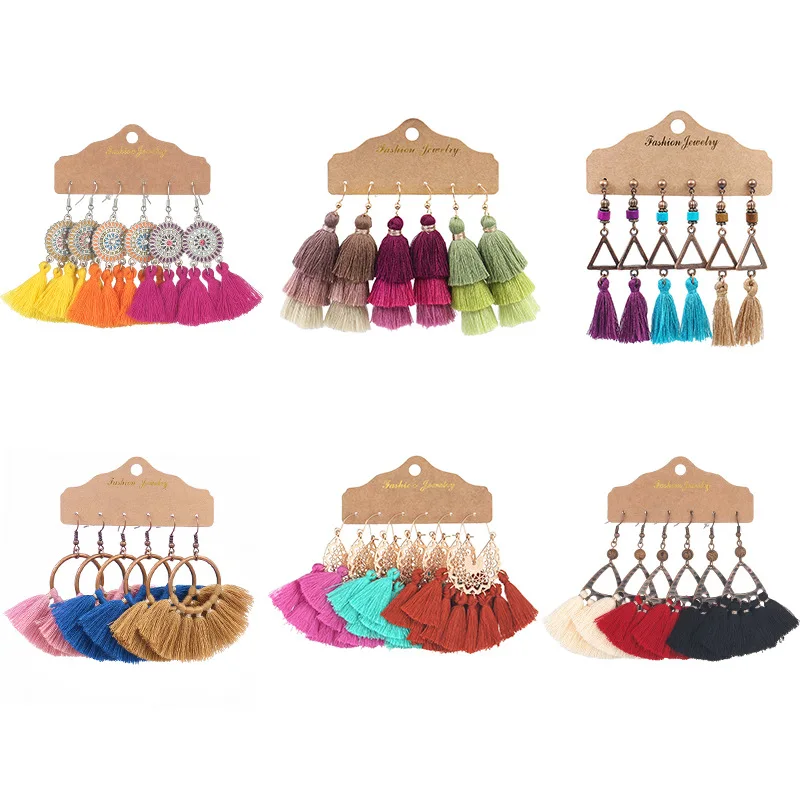 

Amazon Popular Assorted Set Hollow Flower Tassel Charm Earrings 3 Pairs Set Boho Jewelry Fringe Drop Earrings For Women, As picture