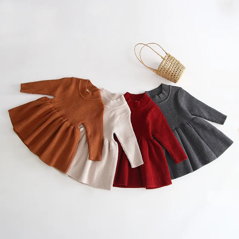 

Fall Winter Knitted Princess Baby Long-Sleeved Solid Color Elastic Sweater Cotton Toddler Girls' Dresses, Gray red brown apricot