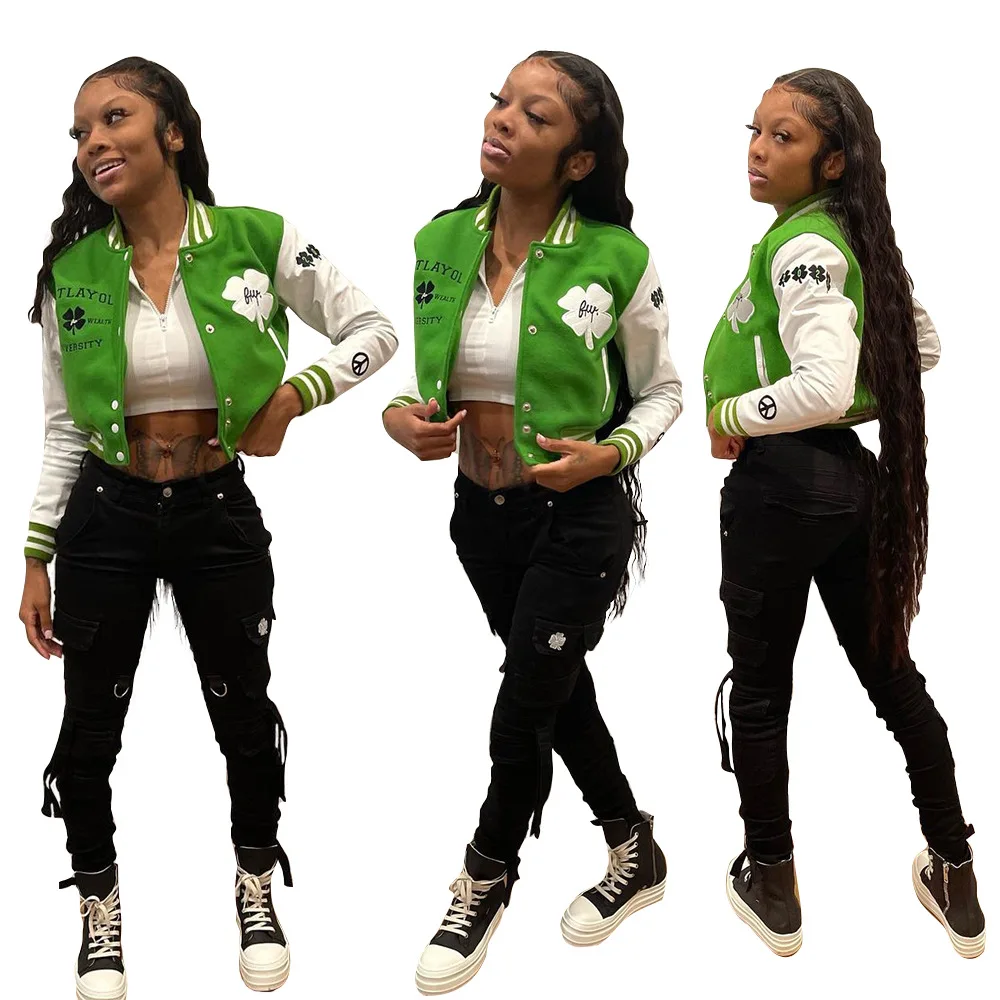 

2021 European and American new women's fashion embroidered pattern green baseball coat