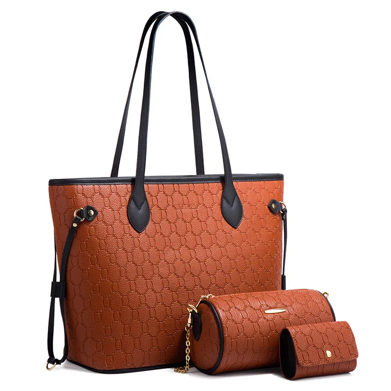 

Fashion Ladies Shoulder Hot Selling Embossing PU Leather Handbag Purse Leisure Handbags Shopping 3pcs Set Women Tote Bag, Brown, white,black