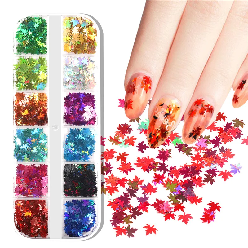 

12 Grid 3D Snowflake Star Letter Butterfly Fall Maple Leaf Nail Art Glitter Sequin Sticker, Colorful