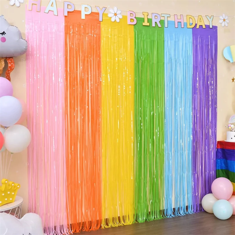 Pastel Rainbow Foil Fringe Curtain Streamers Party Wall Decorations for Weddings Birthdays Tinsel Shimmer Party Decorations