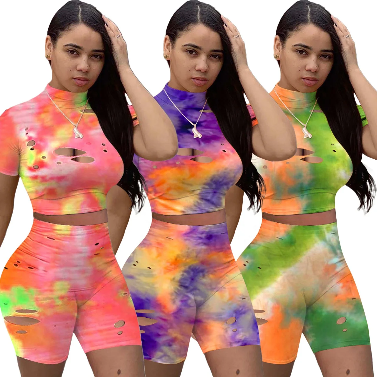 

MT70-5228 European and American street clothes burned flowers and holes tie-dye sports two-piece suit