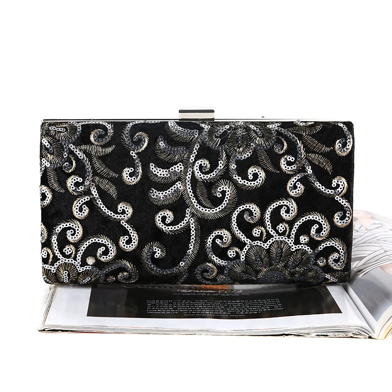 

Factory direct wholesale brand new embroidery fabric evening bag sequin clutch bag women large space for party prom banquet, Black,blue/customized colors