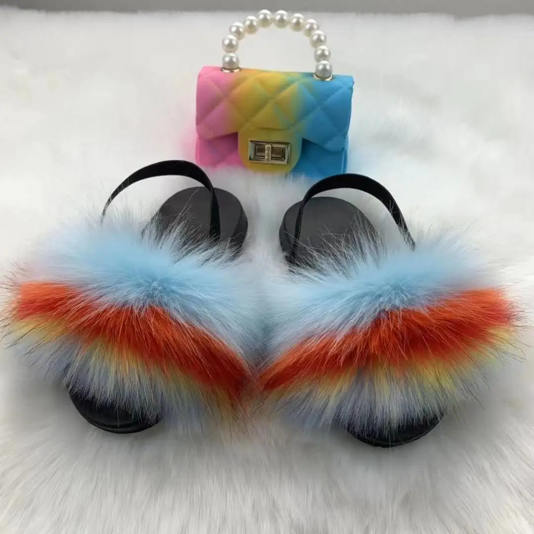 

New popular children's genuine fox leather slippers, wholesale kids baby fur ball fur slippers, wallet slippers set, Customized color