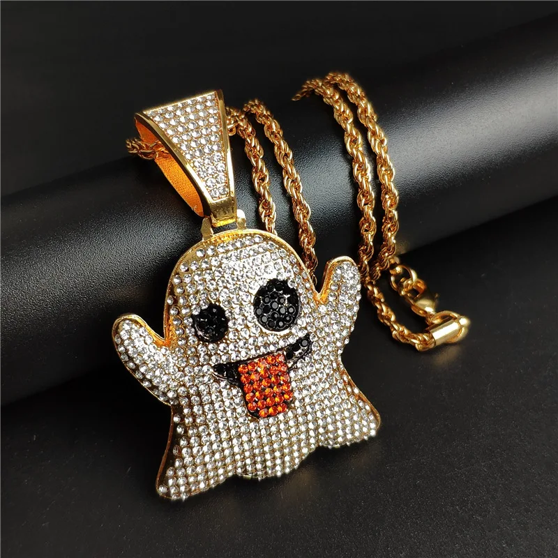 

Fashion Personalized Street Rap Jewelry Hips Hops Full Bling Rhinestone Crystal Funny Ghost Pendant Necklace