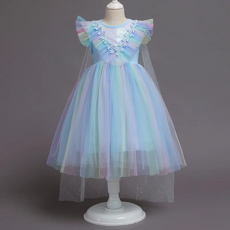 

Little Girls Ceremonies Dress Summer short-sleeved rainbow dress Princess net yarn dress Role-playing cloak