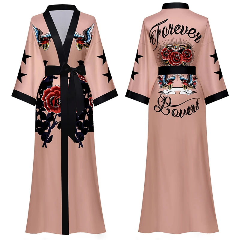 

Mother's day gift dressing gown letter print satin silk womens robe