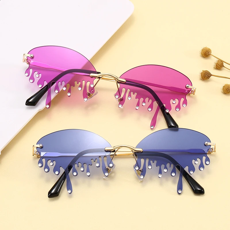

Superhot Eyewear 44600 Fashion 2020 Sun glasses Rimless Teardrop Fire Dripping Rhinestones Tear Shape diamond Sunglasses
